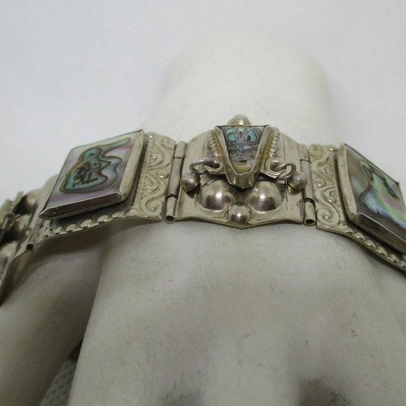 ABALONE MEXICAN SILVER Panel Bracelet Abalone Masks Rectangles Marked Mexico - Picture 7 of 15